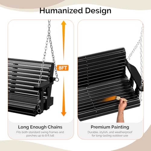 VINGLI Upgraded Patio Wooden Porch Swing for Courtyard & Garden, Heavy Duty 880 LBS Swing Chair Bench with Hanging Chains for Outdoors (Black, 4 FT)