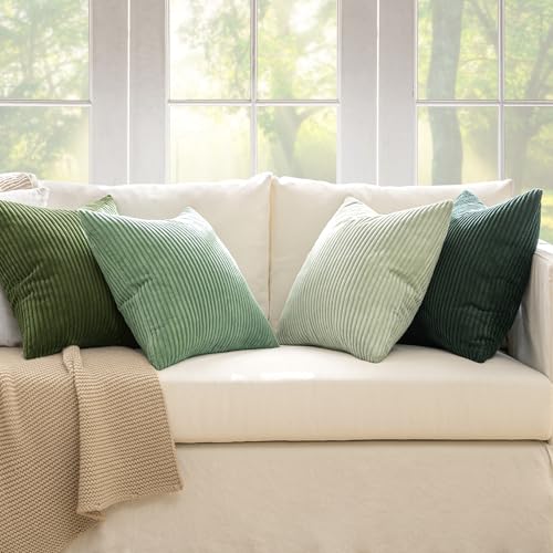 MIULEE Boho Farmhouse Sage Green Throw Pillow Covers 18x18 Inch Set of 4 Mordern Nordic Cushion Covers Soft Corduroy Spring Home Decor for Couch Bed Sofa Living Room Forest Green