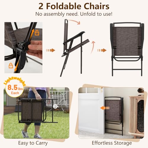 Goplus Patio Bistro Set, 3-Piece Patio Dining Furniture Set with Round Tempered Glass Table, 2 Foldable Chairs, Small Outdoor Folding Chairs & Table Set for Porch Garden Pool Yard