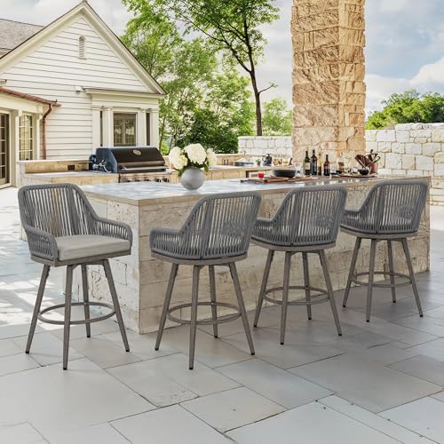 Cozyman Outdoor Bar Stools Set of 4, 360° Swivel Aluminum Rattan Bar Stool with Olefin Rope Curved Backrest and Armrest, Modern Barstools with Removable Cushion for Patio, Garden, Kitchen, Grey