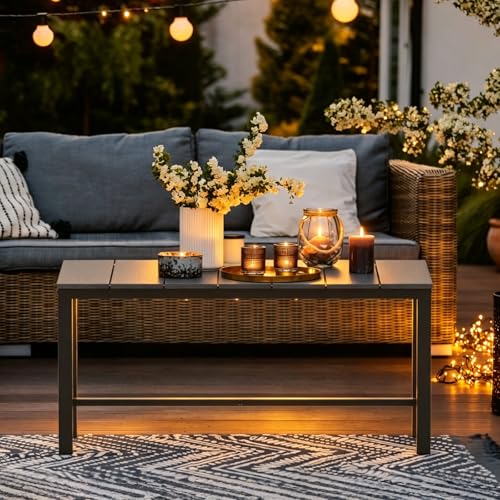 mapleway 33" Outdoor Coffee Table for Patio, Heavy Duty Metal Frame with Wood Slat Top, Weather Resistant Outside Table for Garden Deck Balcony Porch, Easy Assembly, Black