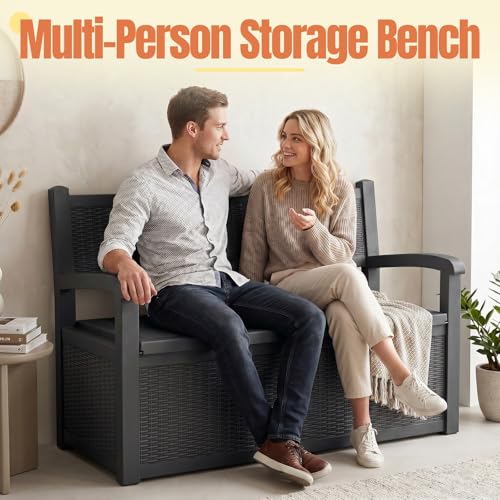 ATMELT Storage Bench Outdoor Deck Box,100 Gallon Waterproof & UV Resistant Lockable Patio Furniture Seating.Indoor/Outdoor Shoe Storage Cabinet for Garden Cushions,Tools,Patio,Pool Supplies(Black)