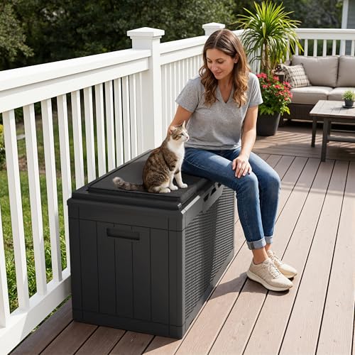 Greesum 100 Gallon Resin Deck Box Large Outdoor Storage Boxes with Cushions for Garden Tools, Patio Furniture Pillows, Pool Supplies, Black