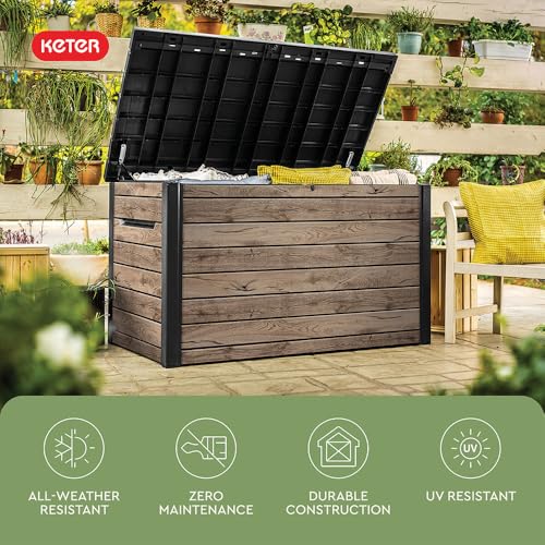 Keter Signature Collection 230 Gallon Resin Deck Box Organization and Storage Box for Patio Outdoor Cushions, Throw Pillows, Garden Tools and Pool Supplies, Pine
