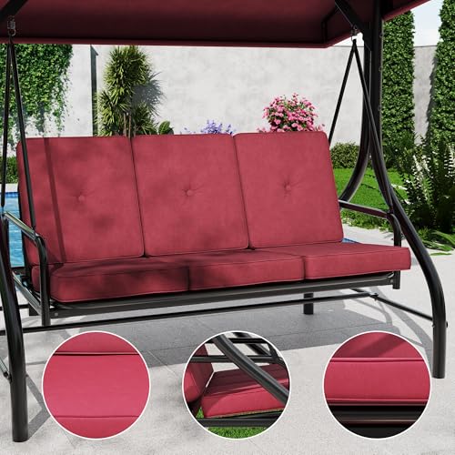 IDEALHOUSE Porch Swing with Stand, 3 Seat Outdoor Patio Swing, 2-in-1 Convertible Swing Bed, Stepless Adjustable UV Resistant Waterproof Canopy, 800 Lbs Capacity, Cushioned Swing for Garden Backyard
