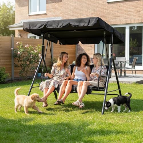 GarveeLife 3-Person Outdoor Porch Swing Chair with Adjustable Canopy, Breathable Fabric Seat and Backrest, Armrests, Heavy-Duty Frame, 600 lbs Capacity, for Patio, Backyard or Garden, Black