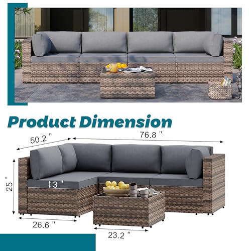 SUNLEI 5 Piece Patio Furniture Sets, Low Back All-Weather Rattan Sectional Sofa with Tea Table&Washable Couch Cushions, Patio Furniture Sets, Brown Rattan