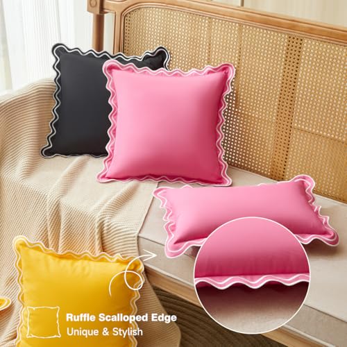 JOJOGOGO Black and White Scalloped Outdoor Lumbar Pillow Covers 12x20 Waterproof & Sunproof Set of 2, Black Outdoor Pillows Embroidered Decorative Throw Pillows for Couch Porch and Patio Furniture