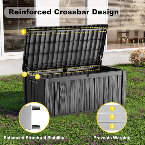 KFY 150 Gallon Large Outdoor Storage Box Waterproof, UV Resistant Resin Deck Box with Hydraulic Rod & Lockable Latch for Patio Furniture, Outside Storage Box for Garden Tools, Patio Cushions, Black