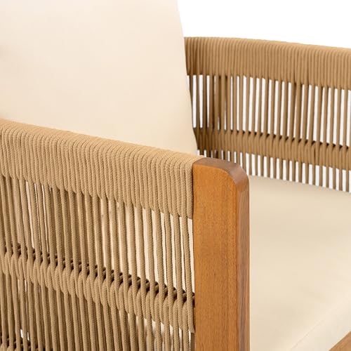 Christopher Knight Home Levi Set of 2 Outdoor Dining Chairs, Acacia Wood Patio Dining Room Chair with Waterproof Cushions, Rope-Wrapped Accents, Comfy Poolside Kitchen Chairs, Teak + Beige