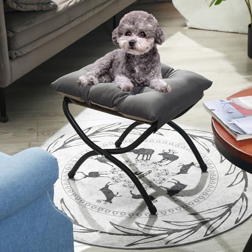 WELL-STRONG 15" Foldable Foot Stool Ottoman with Metal Frame - Washable Dark Grey Upholstered Indoor/Outdoor Footrest for Living Room, Bedroom, Patio - Space-Saving Compact Design