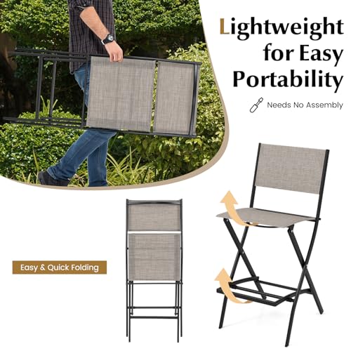 COSTWAY Outdoor Patio Bar Chair Set of 4, Folding Counter Height Stool with Metal Frame & Footrest, Patio Bar Stool for Balcony, Garden & Poolside (4, Coffee)