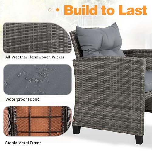Shintenchi 5 Pieces Patio Furniture Set, Outdoor Wicker Patio Conversation Set with Ottoman, All Weather Rattan Outside Chairs with Coffee Table & Cushion for Porch, Garden, Backyard, Gray