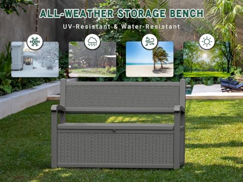 GULAIMOAO 80 Gallon Outdoor Storage Box, Resin Patio Furniture with Armrest, Lockable Deck Box with Waterproof and UV Resistant for Patio Cushions, Garden Tools and Pool Supplies, Grey