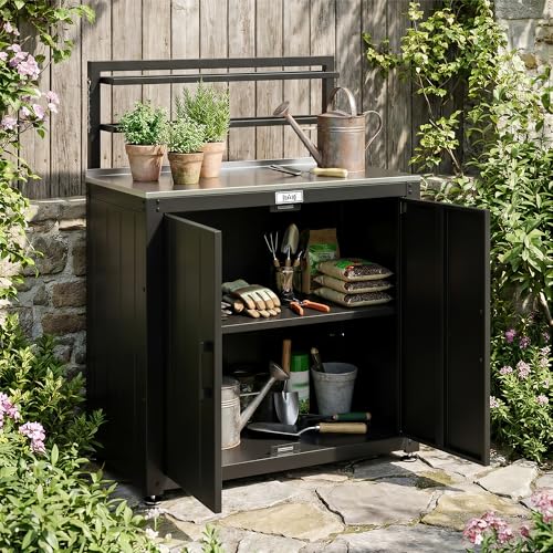 Feasto Outdoor Potting Bench Table with Storage Cabinet, Stainless Steel Garden Workstation, Raised-Edge Top, Adjustable Shelf & Removable Hutch for Patio, Balcony & Outdoor Workspace, Black