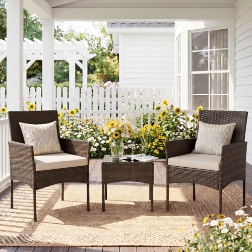 Sweetcrispy 3 Piece Patio Furniture Set, All-Weather Outdoor Wicker Bistro Set with Removable Cushions & Tempered Glass Table, Small Conversation Seating for Porch, Balcony, Deck, Backyard, Black