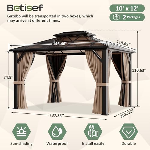 BETISEF 10'x12' Hardtop Gazebo, Outdoor Polycarbonate Roof Canopy, Aluminum Frame Permanent Pavilion with Curtains and Netting, Canopy for Garden, Patio, Lawns