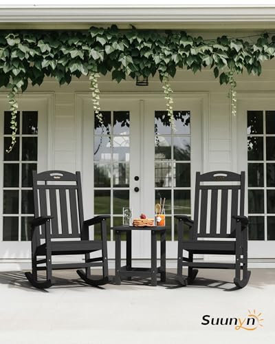 SUUNYN Oversized Outdoor Rocking Chair, High Back Porch Rocker Chair, HDPE All Weather Resistant Rocking Chairs for Patio, 380lbs Weight Capacity, Black