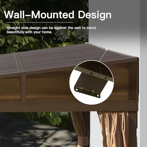 Domi 12x16FT Lean to Gazebo, Hardtop Wall Mounted Gazebo with Sloping Galvanized Steel Roof, Aluminum Frame, Drainage System, Curtains and Netting, for Patio, Deck, Garden, Backyard