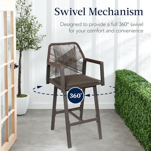 Best Choice Products Outdoor Bar Stools Set of 2, Bar Height, 360° Swivel Aluminum Frame, All-Weather Woven Rope Chair Design w/Armrests - Brown/Mocha