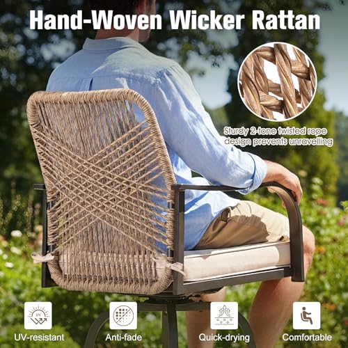 GOOGIC Outdoor Bar Stools Set of 4, 360° Swivel Metal Frame, Wicker Patio Bar Height Stools with Cushion, All-Weather Rattan Chair Design for Patio Backyard, Lawn Garden, Balcony, Poolside