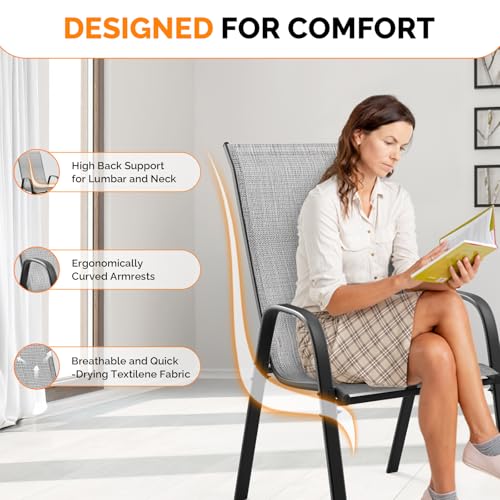 VINGLI Set of 2 Stackable Outdoor Bar Stools – Sling Chairs with High Back & Armrests, for Lawn, Garden, Bar, Grey