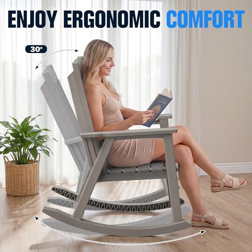Devoko PP Material Rocking Chair Outdoor Indoor All Weather High Back Patio Rocker for Adult Heavy Duty Rocking Chair for Patio Backyard Porch Garden (Heavy Duty, Light Brown)