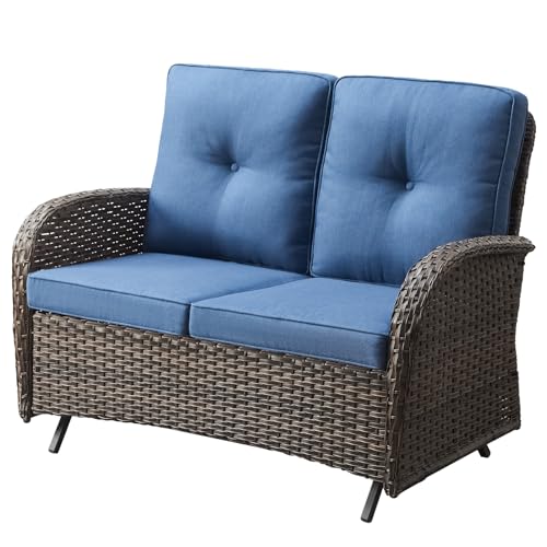 Belord Outdoor Glider Bench Patio Loveseat - 500 Lbs Weight Capacity 2 Seater Wicker Sofa, Small Porch Glider Furniture All Weather Rattan Couch with Removble Cushion for Balcony Deck Backyard, Brown