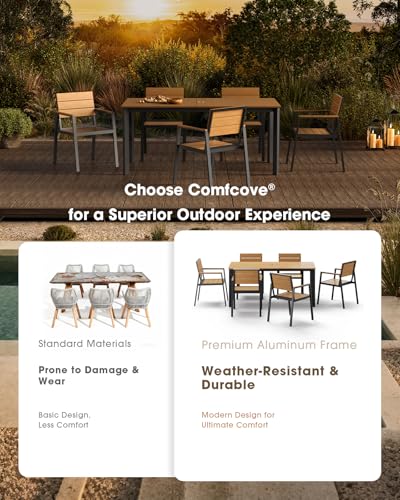 ComfCove Outdoor Dining Set, Aluminum Patio HDPS Outdooor Table and Chairs Set with Umbrella Hole, All Weather Patio Furniture Set, Patio Dining Table Set ,Gray & Teak ,7 Pieces