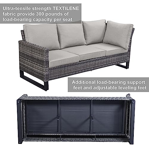 Belord Outdoor Sectional Sofa 6 Seater L Shaped Couch Wicker Patio Conversation Furniture Set with Tree-Grain Finish Metal Dining Table, Rattan Outdoor Furniture with Removable Washable Cushion Beige