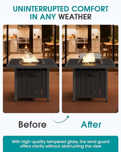SERWALL 33" Outdoor Fire Pit Table, 50,000 BTU Square Propane Fire Pit Table with Lid, Glass Rock & Glass Wind Guard, HDPE Outdoor Furniture for Patio, Garden, Backyard, Black