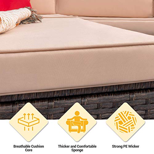 Furniwell 5 Pieces Outdoor Sectional Furniture Set Patio Wicker Rattan Sofa Set Backyard Couch Conversation Sets with Pillow, Cushions and Glass Table (Beige)