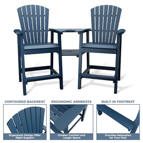 GAOMON Tall Adirondack Chairs Set of 2, Recycled HDPE Bar Height Patio Chairs with 2 Removable Connecting Trays & Umbrella Hole, Heavy Duty Outdoor Furniture for Deck, Backyard, Garden, Balcony, Blue