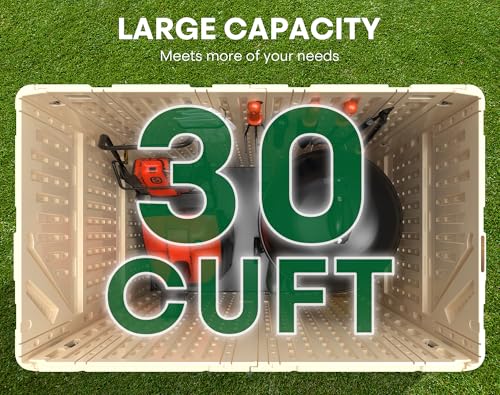 IWDOO Outdoor Storage Shed, 30 Cu Ft Waterproof Horizontal Resin Storage Cabinet, Weather-Resistant Garden Shed Trash Can Storage with Pad-Lockable Doors for Backyards (Khaki)