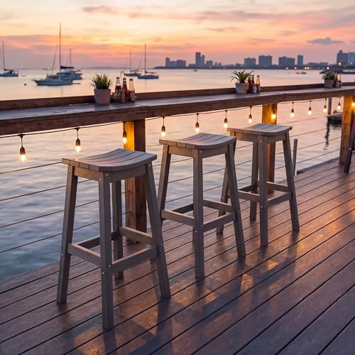 AMILY HDPE Bar Stool Set of 2, Outdoor Bar Height 29‘’, Heavy Duty All-Weather Patio Stool for Poolside, Backyard, Balcony, Easy Assembly (Grey)