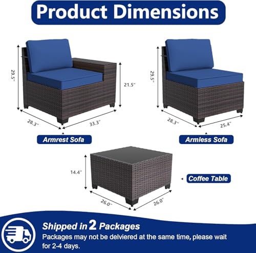 ASJMR Outdoor Patio Furniture Set, 6 Pieces Outdoor Sectional Furniture High Backrest Patio Sofa, All-Weather PE Rattan Patio Conversation Set with Coffee Table & Cushions(Dark Blue).