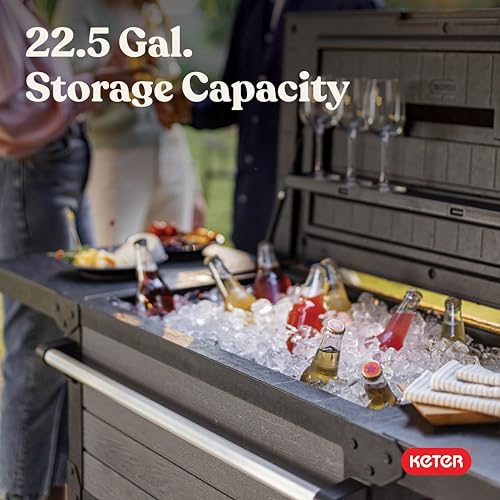 Keter 89.8 Qt Portable Outdoor Patio Cooling Chest, Ice Chest Beverage Party Bar Cart Table with Swivel Wheels, Shelves, and Bottle Opener, Graphite