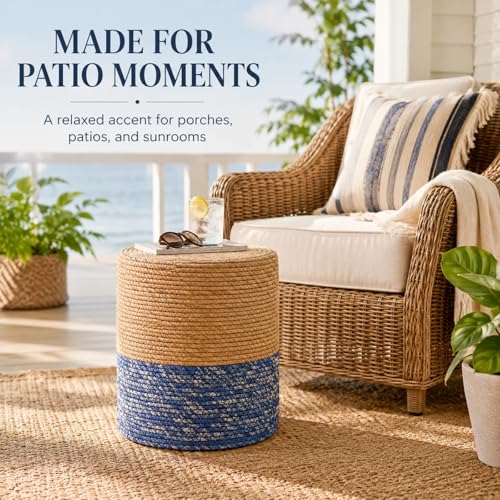 Wimarsbon Natural Seagrass Foot Stool, Hand Weaving Round Ottoman, for Living Room, Outdoor Seat (Natural & Blue)