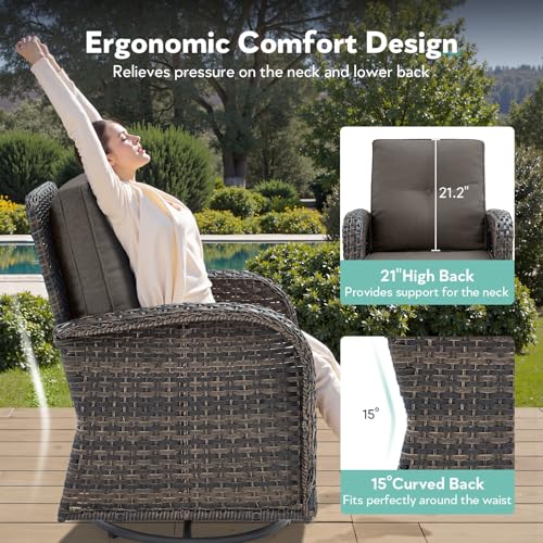 Artfurniz 7 Piece Patio Furniture Set with Fire Pit Table - Wicker Patio Conversation Set with Swivel Glider, 3 Seat Sofa, Side Table and 2 Ottomans for Deck Backyard - Brown Wicker Grey Cushion