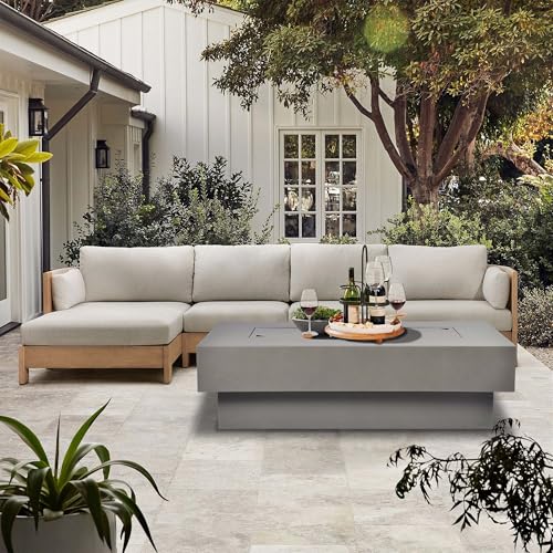 Outdoor Low Profile Fire Table, 48-inch Rectangle Propane Gas Fire Pit Table, 50,000 BTU Modern Firepit w/Lid, Glass Rocks, Cover, Pre-Attached 10ft Propane Hose, Flint Gray