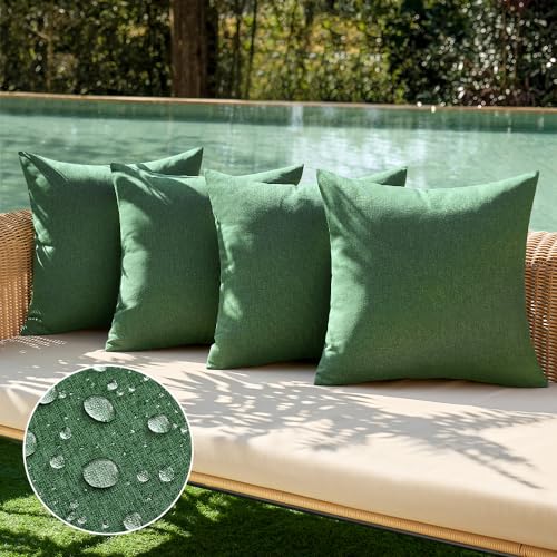 MIULEE Pack of 4 Decorative Outdoor Throw Pillow Covers Linen Waterproof Pillow Covers Summer Farmhouse Cushion Cases for Patio Garden Tent Balcony Couch Sofa 18x18 Inch Dark Green