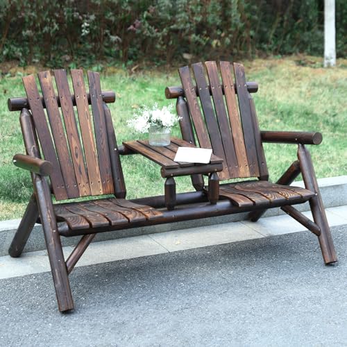 EPICOZY Outdoor 2-Person Wooden Adirondack Bench, Conversation Furniture Set with Patio Rustic Loveseat & Built-in Table, Carbonized Garden Bench Fire Pit Chair for Backyard Porch Pool Deck