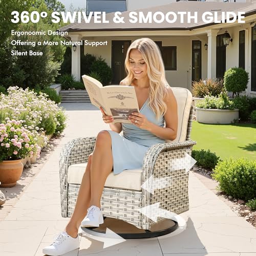 POUUIN Outdoor Sectional Patio Furniture Set with Swivel Rocking Chairs,10 Pieces Wicker Conversation Sets L Shaped Couch Out Door Sofa Set Outside Furniture for Garden Deck Yard Porch,Beige