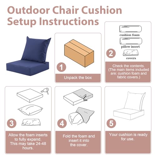 MuaMelop Outdoor Deep Seat Cushion Set, 24x24 Inch Water-Resistant & Fade-Resistant Outdoor Chair Cushions, Patio Furniture Cushions with Removable Cover for Patio Chair, Sofa,Navy Blue (Set of 1)
