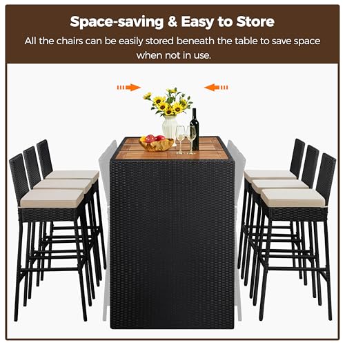 Yaheetech 7 Piece Patio Dining Set Outdoor Acacia Wood Bar Table and Chairs with Removable Cushions, Wicker Furniture Set for Deck, Backyard, Garden, Black/Beige