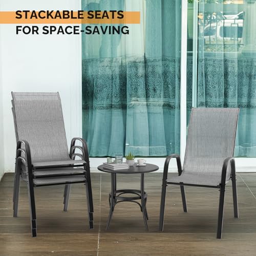 VINGLI Set of 2 Stackable Outdoor Bar Stools – Sling Chairs with High Back & Armrests, for Lawn, Garden, Bar, Grey