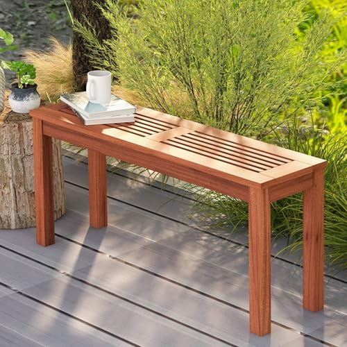 Tangkula Patio Wood Bench, 2-Person Solid Wood Bench with Slatted Seat, 39.5" Long Loveseat with Stable Wood Frame, Indoor Outdoor Dining Bench for Backyard, Poolside, Entryway (1)