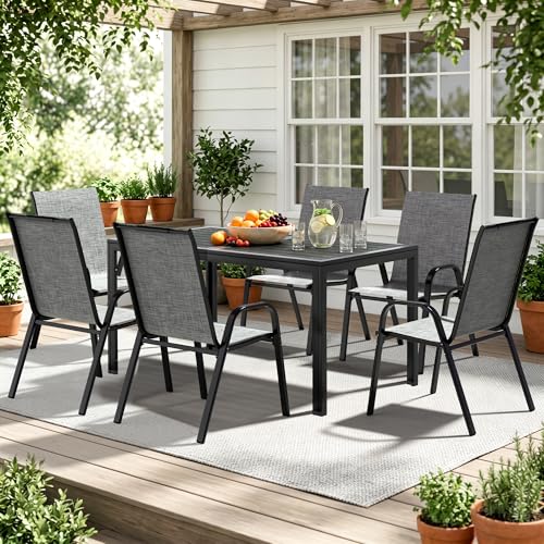 PATIOPIA 7-Piece Outdoor Dining Set, All Weather Patio Table and Chairs Set with Umbrella Hole for 6, Rectangular Steel Slat Table and 6 Textilene Chairs for Garden, Backyard, Poolside and Deck, Grey