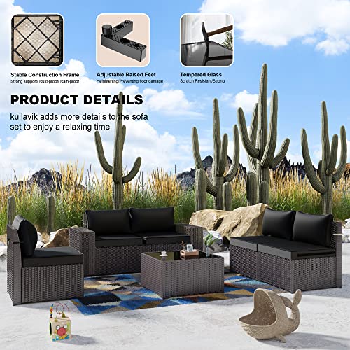 Kullavik Outdoor Patio Furniture Set 6 Pieces Sectional Rattan Sofa Set Brown PE Rattan Wicker Patio Conversation Set with 5 Seat Cushions and 1 Tempered Glass Table,Black