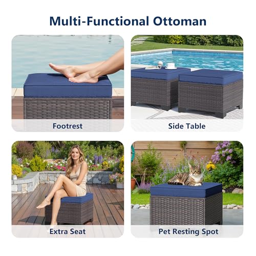 Kullavik Outdoor Ottoman Set of 2,All-Weather PE Wicker Outdoor Footstool with Thickened Cushions for Garden,Backyard,Deck,Porch,Poolside,Navy Blue